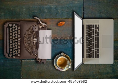 Past, present and future of technology and devices, from typewriter to computer,Top view.
