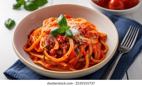 Pasta al Pomodoro: A classic Italian pasta dish made with simple tomato sauce, garlic, and basil, often garnished with Parmesan cheese. It?s light, fresh, and timeless. - Powered by Shutterstock