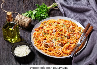 Pasta Alla Norma, Sicilian Pasta Dish Of Sauteed Eggplant Tossed With Tomato Sauce And Topped With Shredded Parmesan Served On A Plate, Italian Cuisine, Horizontal View From Above, Close-up