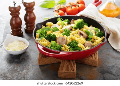 Pasta Bake In A Cast Iron Pan With Sausage And Broccoli