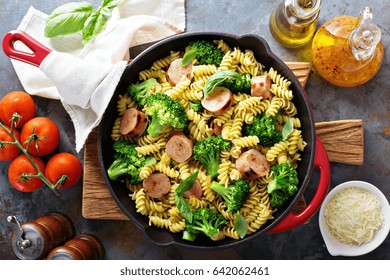 Pasta Bake In A Cast Iron Pan With Sausage And Broccoli