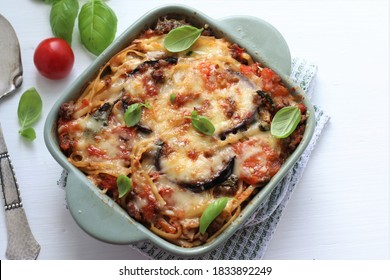 Pasta bake, Eggplant fried in olive oil with meat and tomato sauce and mozzarella on top.