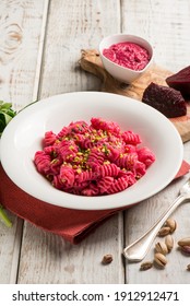 Pasta With Beet Pesto And Pistachio Nuts