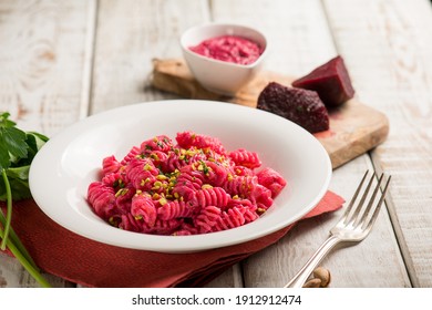 Pasta With Beet Pesto And Pistachio Nuts