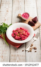 Pasta With Beet Pesto And Pistachio Nuts