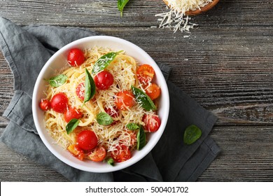 Pasta With Cheese And Tomato On Wood, Food Above