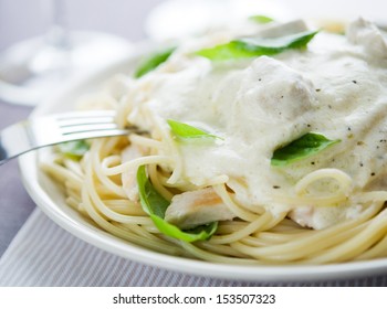 Pasta With Chicken, Creamy Sauce And Basil