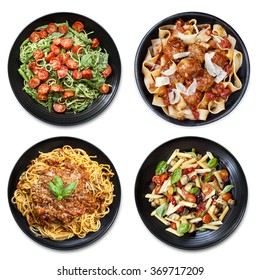 Pasta collage of meals on black plate, isolated on white.  Overhead view.  Includes spaghetti, fettucine, penne and ribbon.