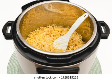 Pasta Cooked In Instant Pot. Delicious Orzo Pasta Close Up In A Pot On White Background With Copy Space