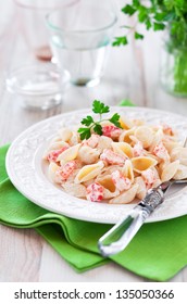 Pasta In Cream Sauce With Crawfish, Selective Focus