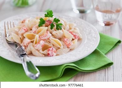 Pasta With Cream Sauce And Crawfish, Selective Focus