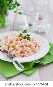 Pasta With Cream Sauce And Crawfish, Selective Focus