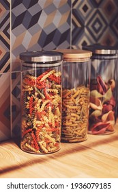 Pasta In Dry Food Storage Containers In The Kitchen, Pantry Organisation And Home Decor Idea