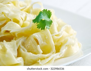 Pasta Fettuccine Alfredo With Cream. Close Up