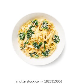 Pasta Fettuccine With Spinach In Creamy Cheese Sauce Isolated On A White Background.	