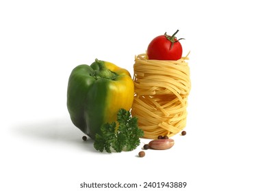 Pasta in the form of a nest with vegetables is on a white background. - Powered by Shutterstock
