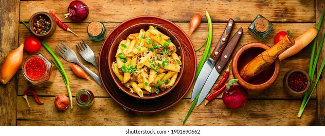 Pasta With Fried Minced Meat.Pasta With Meat