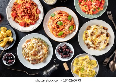 Pasta, Many Different Varieties, Shot From The Top On A Black Background, Italian Food Flat Lay