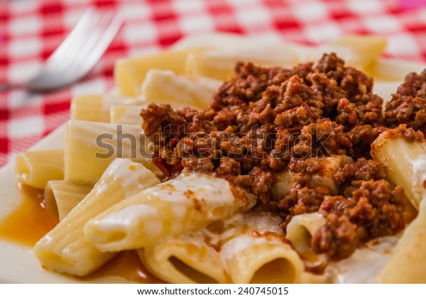 Pasta Meat Tomato Sauce On Red Stock Photo Edit Now 240745015