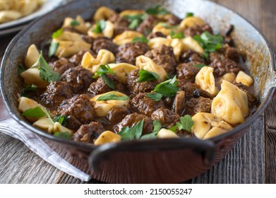 Pasta With Meatballs In A Delicious Brown Gravy. Comfort Food