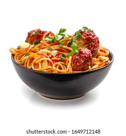 Pasta with meatballs, parmesan and tomato sauce in a clay bowl. Homemade Italian spaghetti isolated on white background. - Shutterstock ID 1649712148