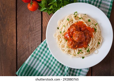 Pasta And Meatballs With Tomato Sauce. Top View