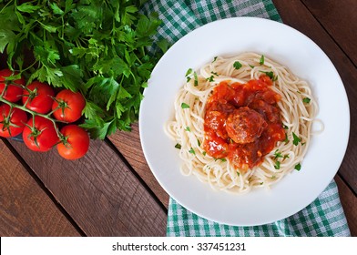 Pasta And Meatballs With Tomato Sauce. Top View