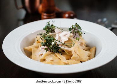 Pasta With Mushrooms. Traditional Italian Dish Side View.