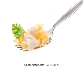 Pasta On Fork Isolated On White Background