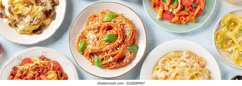 Pasta Panorama. Assortment Of Italian Pastas, With Spaghetti In Tomato Sauce, Seafood And Mushroom Pastas, Bolognese Etc, Overhead Flat Lay Shot