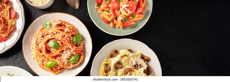 Pasta Panorama, An Overhead Flat Lay Shot With Copy Space. Spaghetti With Tomato Sauce, Penne With Chicken And Vegetables And Mushroom Pappardelle With A Place For Text