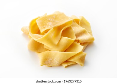 Pasta Pappardelle Nest Top View Close Up On Isolated White Background.