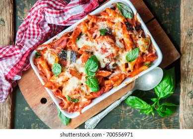 Pasta Penne Bake With Eggplant And Tomato Sauce