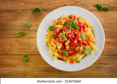 Pasta Penne With Meat, Sauce And Vegetables. Top View