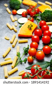 Pasta Products With Tomato, Pumpkin, Brocoli And Zucchini, Food Closeup