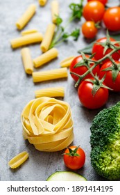 Pasta Products With Tomato, Pumpkin, Brocoli And Zucchini, Food Closeup