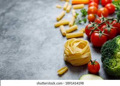 Pasta Products With Tomato, Pumpkin, Brocoli And Zucchini, Food Closeup