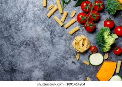 Pasta Products With Tomato, Pumpkin, Brocoli And Zucchini, Food Closeup