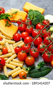 Pasta Products With Tomato, Pumpkin, Brocoli And Zucchini, Food Closeup