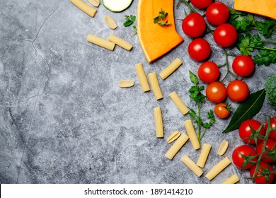 Pasta Products With Tomato, Pumpkin, Brocoli And Zucchini, Food Closeup