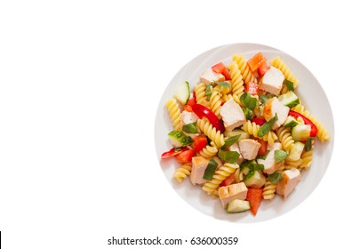 Pasta Salad With Chicken And Vegetables. Top View. Isolated On White