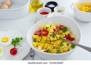 Pasta Salad. The Cooking Process Deviled Egg Step 3. Selective Focus, Blurred Background. Italian Food. Breakfast