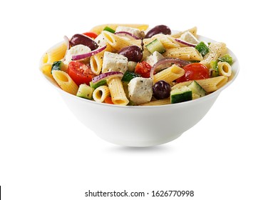 Pasta salad with feta cheese and vegetables isolated on white. Greek salad with pasta. 