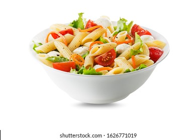 Pasta salad with mozzarella cheese and vegetables. Healthy pasta meal.