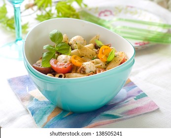 Pasta Salad With Mozzarella And Tomato For Picnic, Selective Focus