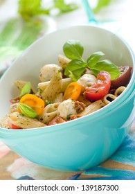 Pasta Salad With Mozzarella And Tomato For Picnic, Selective Focus