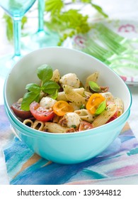 Pasta Salad With Mozzarella And Tomato For Picnic, Selective Focus