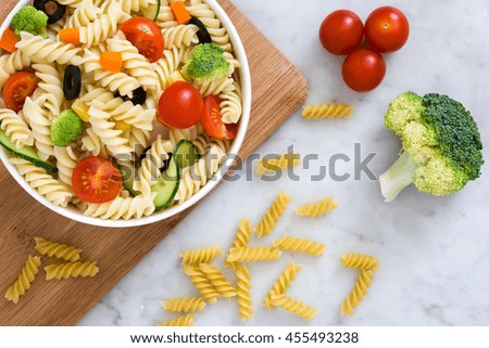 Pasta salad and ingredients