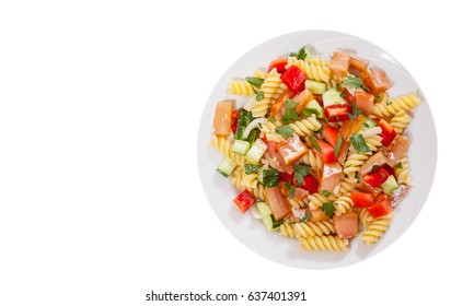 Pasta Salad With Smoked Salmon And Vegetables. Top View. Isolated On White