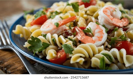 Pasta Salad: Spiral pasta mixed with shrimp, cherry tomatoes, and green vegetables, garnished with fresh herbs, served on a rustic wooden surface with a fork. - Powered by Shutterstock